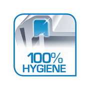 Illustration eines blauen Clips mit der Aufschrift '100% Hygiene', perspektivisch von vorne betrachtet.
