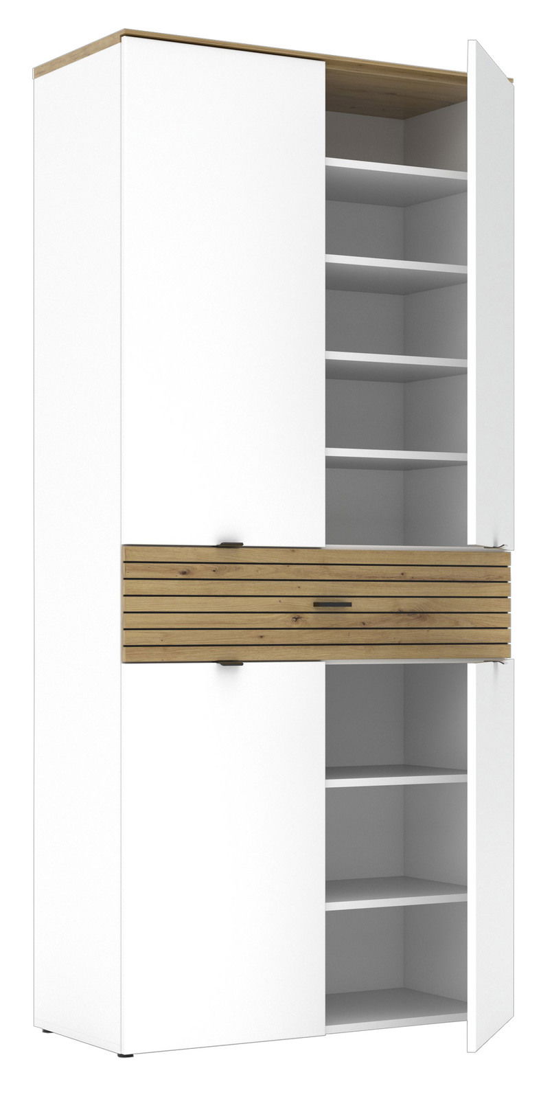Hoher XL-Schuhschrank mit weißem Korpus und Holzelementen, teilweise geöffnete Türen, seitliche Perspektive