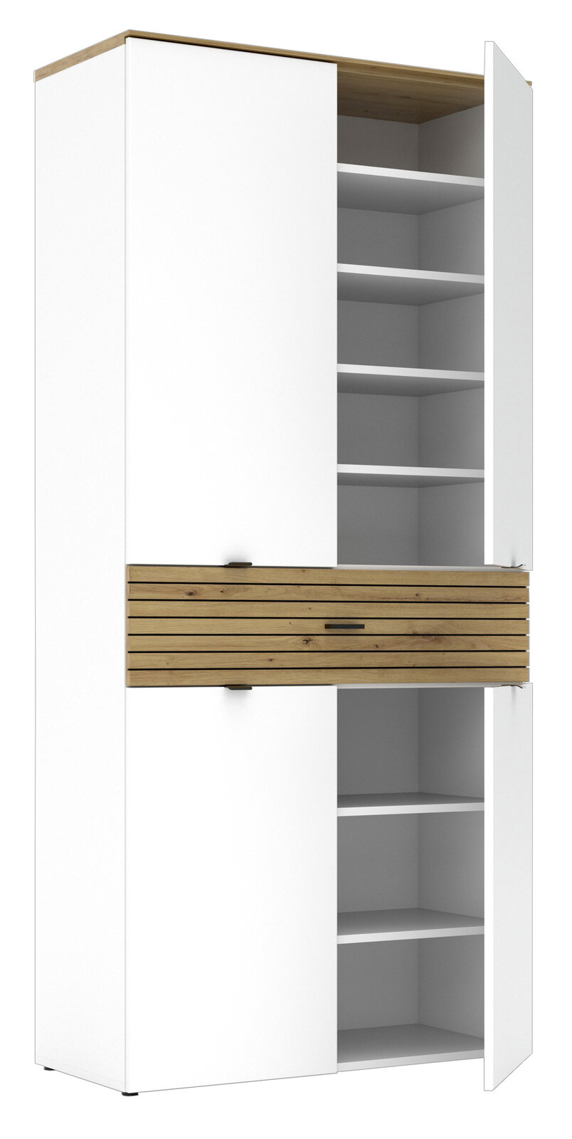 Hoher XL-Schuhschrank mit weißem Korpus und Holzelementen, teilweise geöffnete Türen, seitliche Perspektive