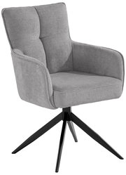 Grauer Armlehnstuhl mit gepolsterter Sitzfläche und Rückenlehne, auf schwarzem Metallgestell. Seitenansicht.