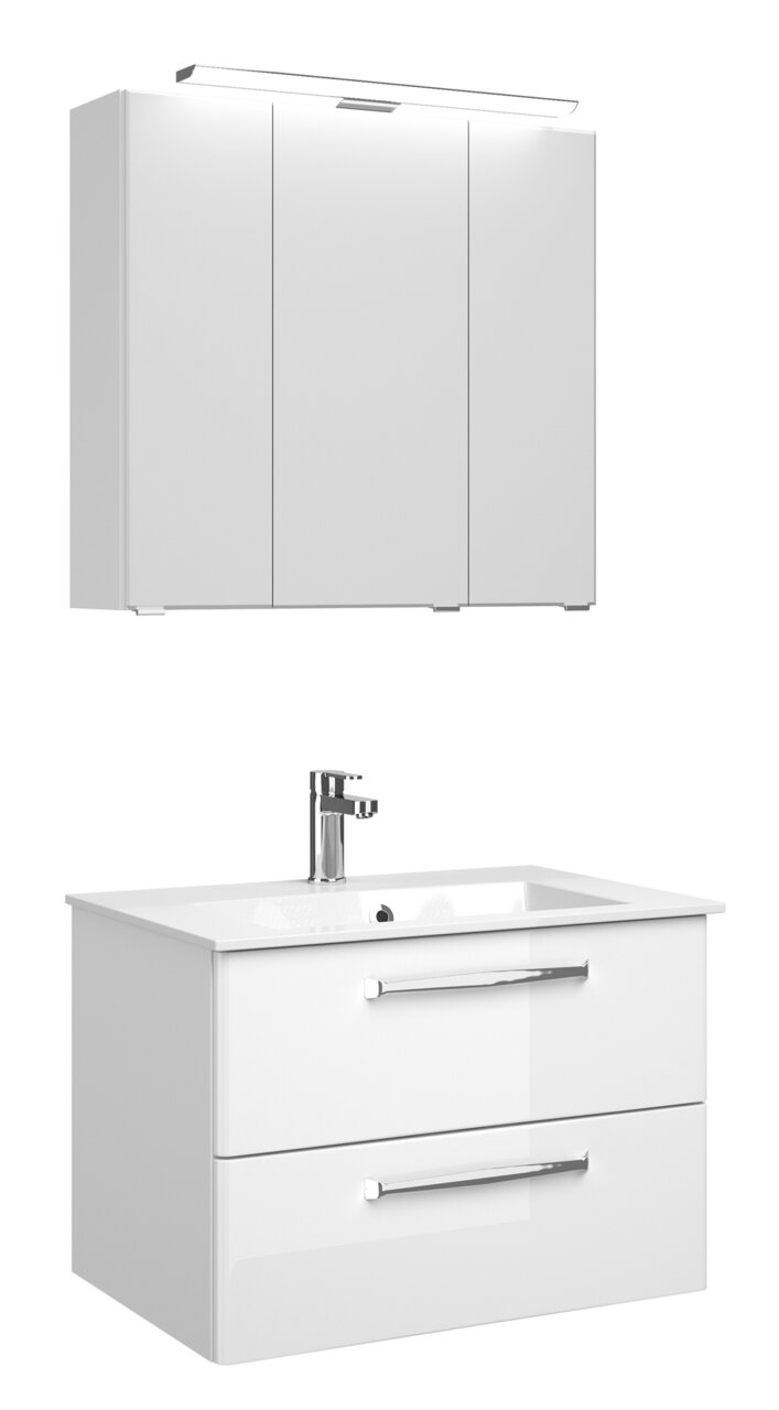 Moderner weißer Badblock mit Spiegelschrank und Waschbecken, Frontalansicht