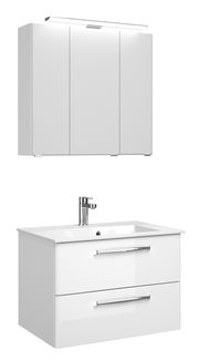 Moderner weißer Badblock mit Spiegelschrank und Waschbecken, Frontalansicht