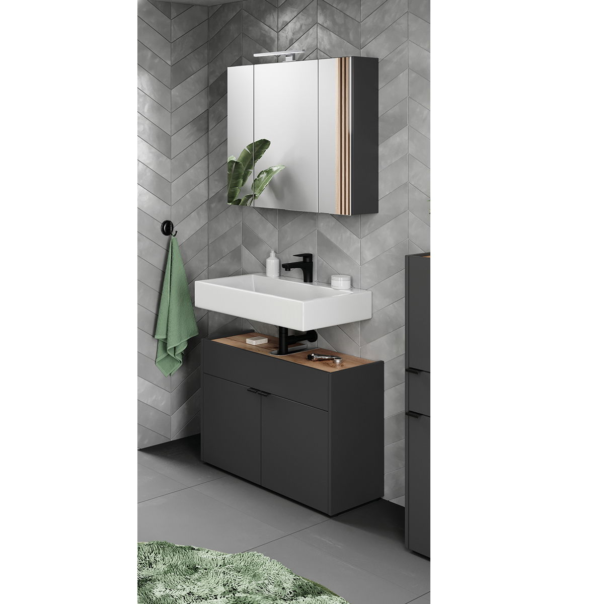 MID.YOU Badmöbel-Set FORANO Modernes Bad Set mit Spiegel, Waschbecken und Unterschrank in einer eleganten, grauen Fliesenumgebung. Frontalansicht.