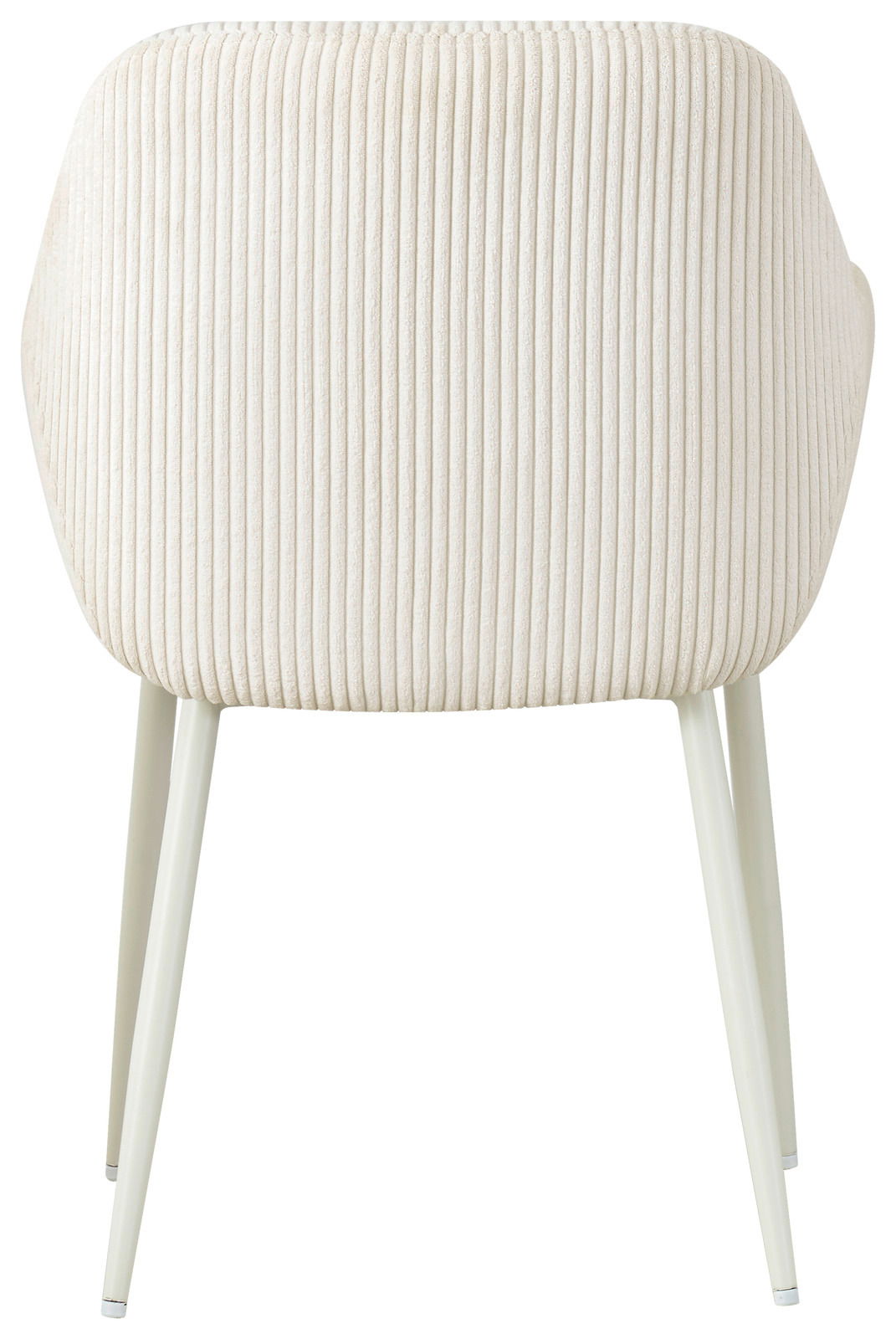 Rückansicht eines cremefarbenen Armlehnstuhls mit geripptem Stoffbezug und schlanken, weißen Beinen.