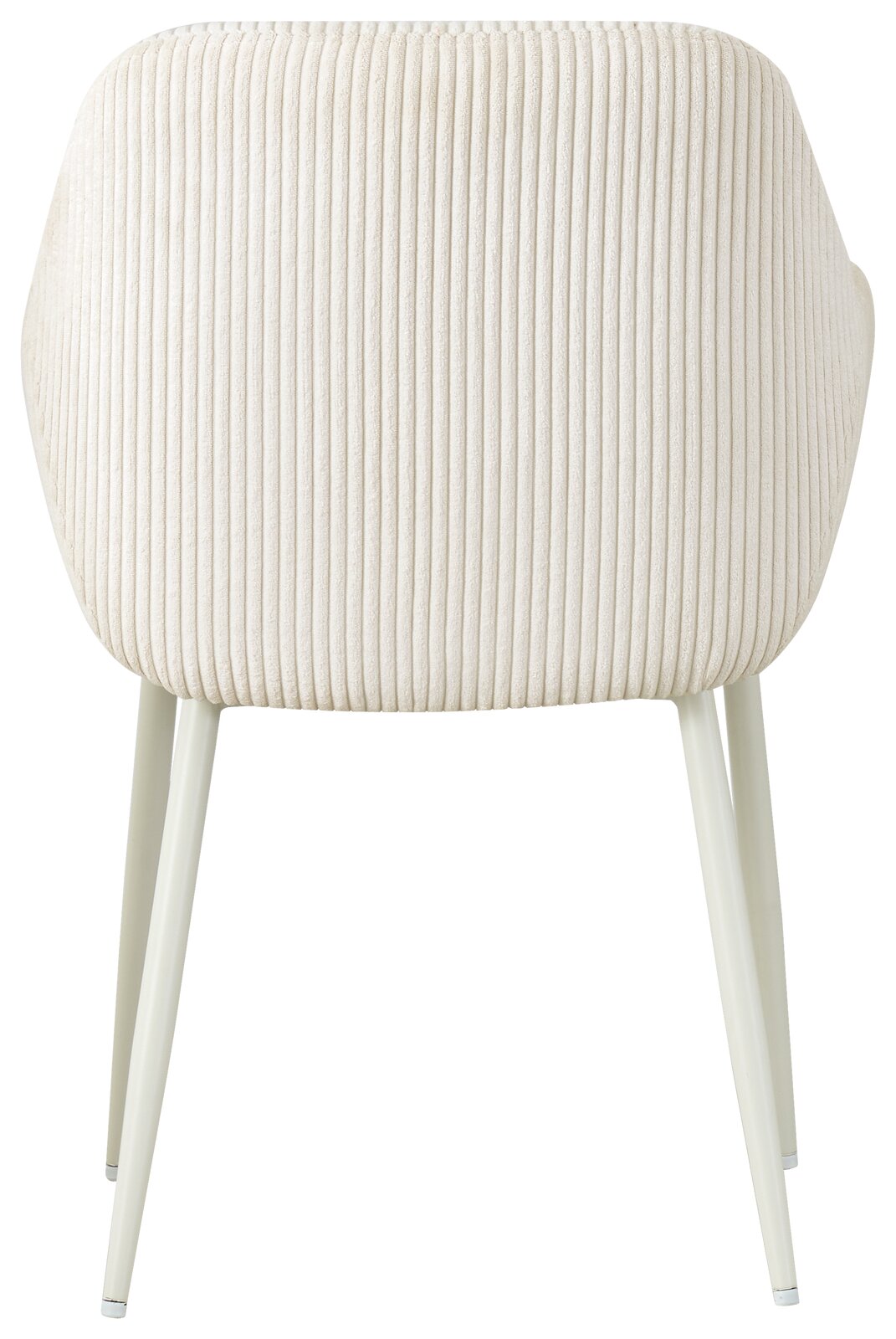 Rückansicht eines cremefarbenen Armlehnstuhls mit geripptem Stoffbezug und schlanken, weißen Beinen.