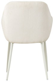 Rückansicht eines cremefarbenen Armlehnstuhls mit geripptem Stoffbezug und schlanken, weißen Beinen.