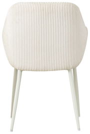 Rückansicht eines cremefarbenen Armlehnstuhls mit geripptem Stoffbezug und schlanken, weißen Beinen.