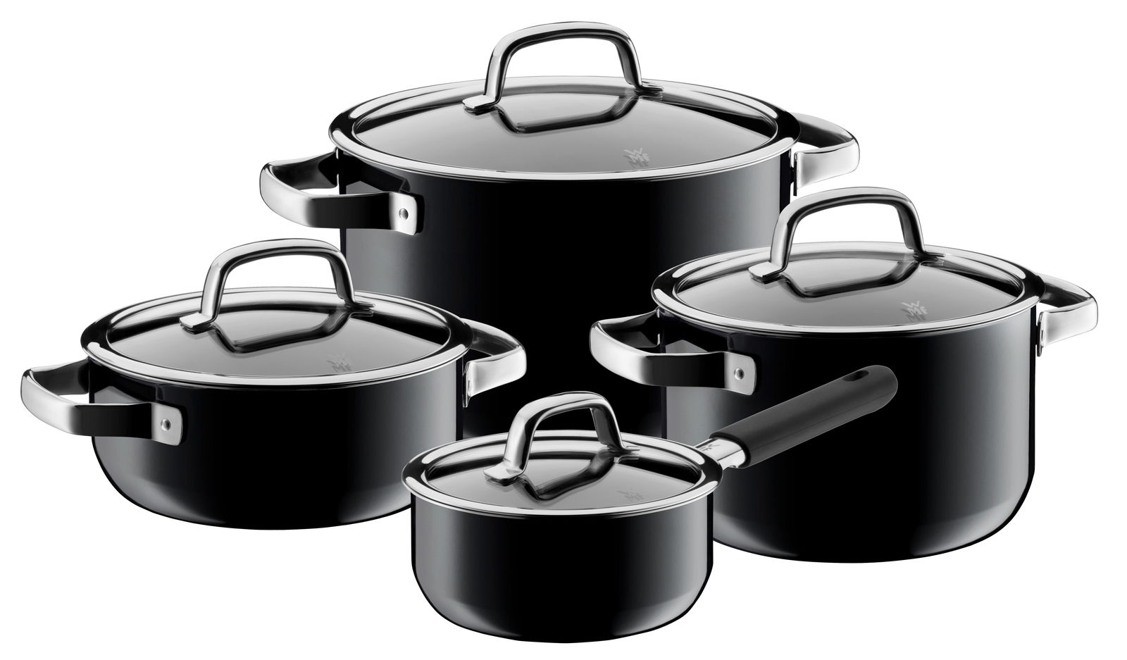 Vierteiliges Topfset WMF Fusiontec Mineral in Rose Quartz, aus der Vogelperspektive fotografiert.