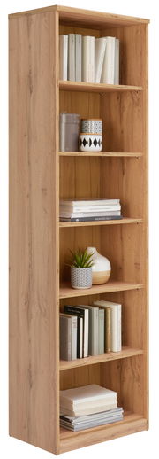 Holzregal mit fünf Ebenen, gefüllt mit Büchern und Dekorationen, seitliche Perspektive