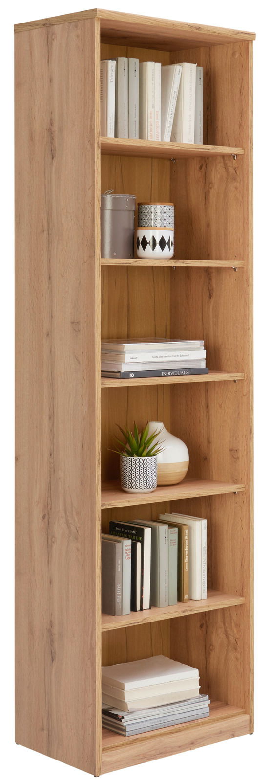 Holzregal mit fünf Ebenen, gefüllt mit Büchern und Dekorationen, seitliche Perspektive