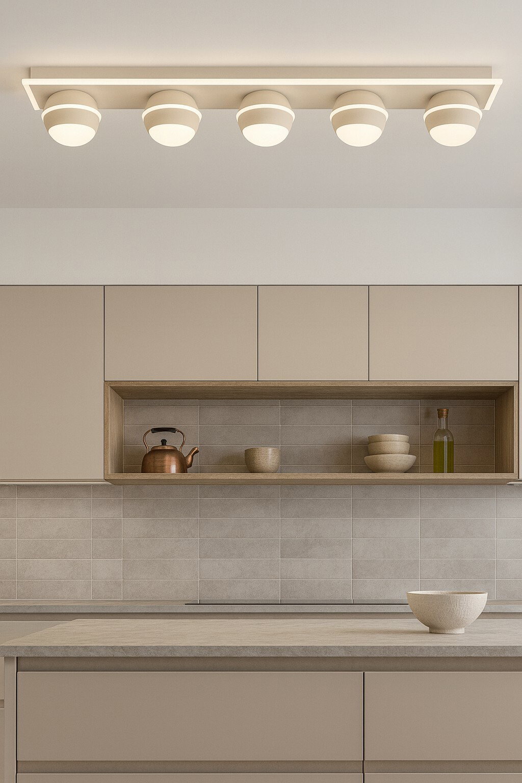 Moderne LED-Deckenleuchte mit vier runden Leuchtkörpern, von unten betrachtet, in einer stilvollen Küche montiert.