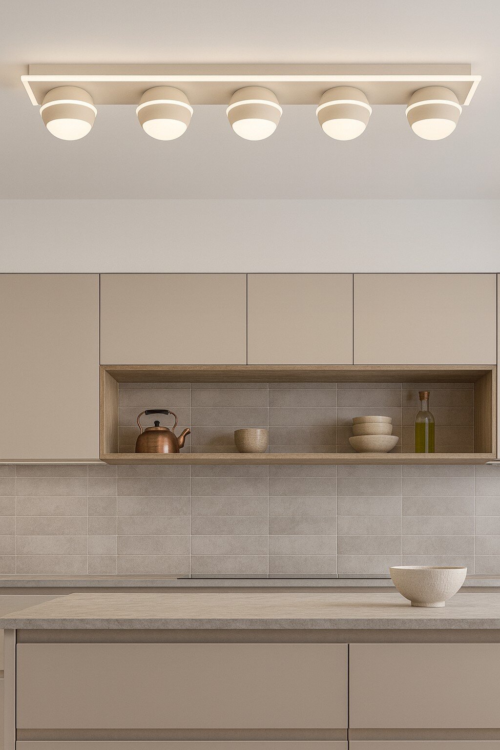 Moderne led-plafondlamp met vier ronde lampen, gezien van onderaf, gemonteerd in een stijlvolle keuken.