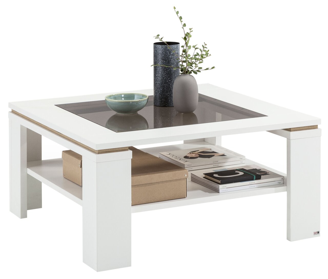 Set one by Musterring Couchtisch TACOMA Moderner weißer Couchtisch mit Glasplatte und Ablage, seitliche Perspektive