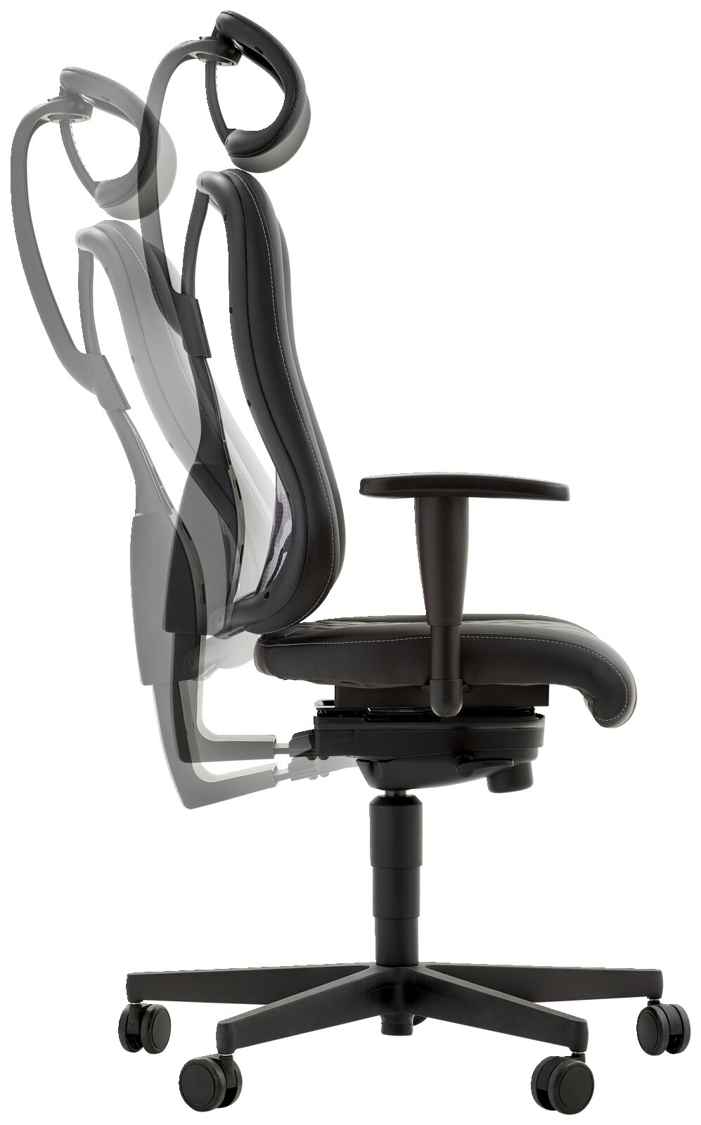 Zijaanzicht van een verstelbare gamingstoel met ergonomisch ontwerp en wieltjes
