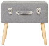 Grauer Kofferhocker mit Holzbeinen, Frontalansicht