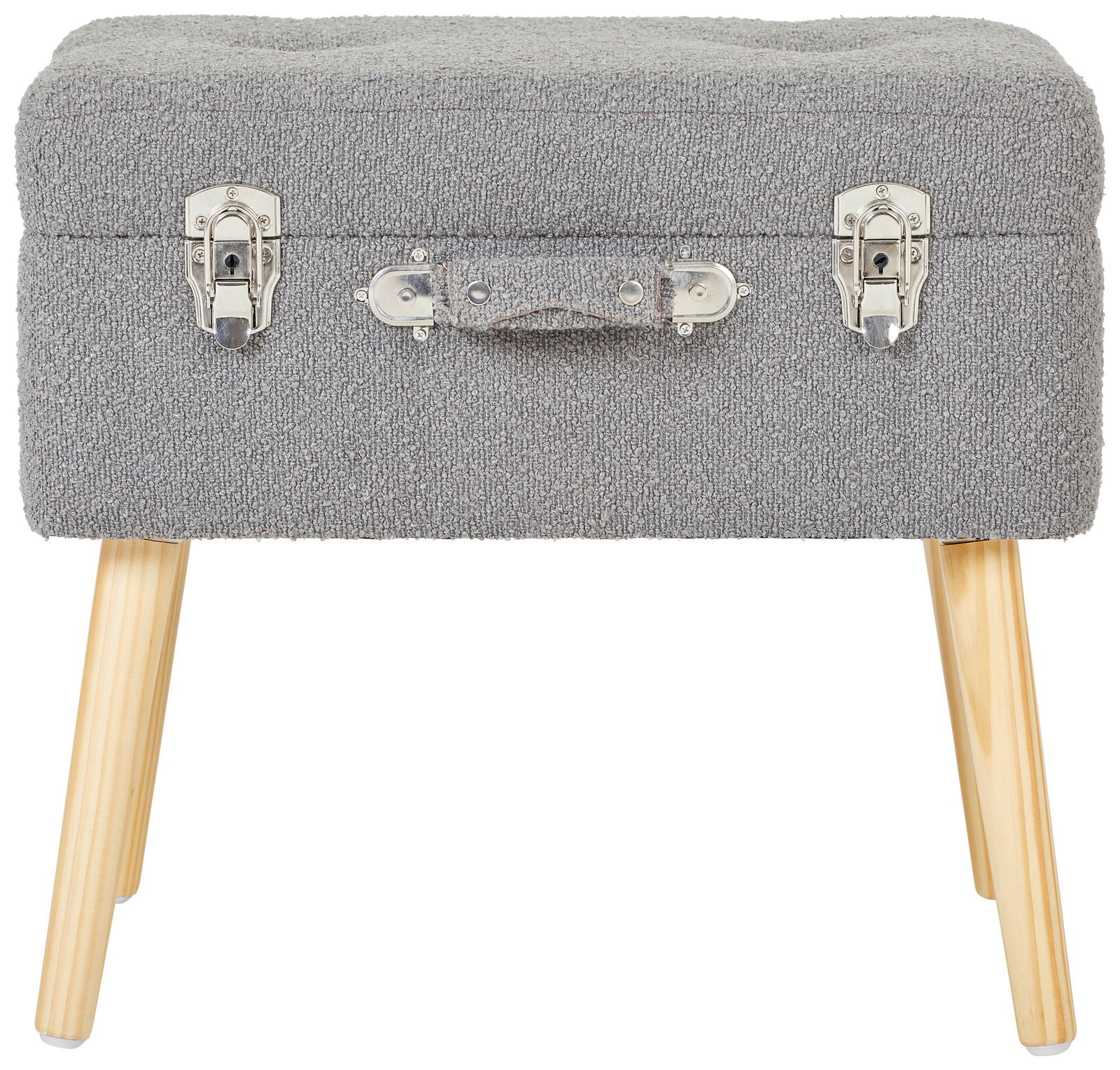 Grauer Kofferhocker mit Holzbeinen, Frontalansicht