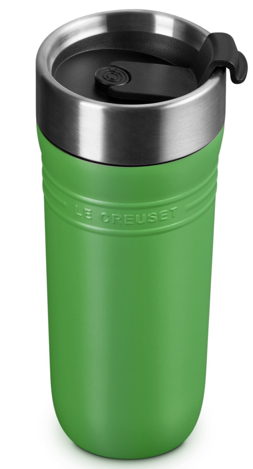 Grüner Thermobecher mit Edelstahlrand und schwarzem Deckel, seitliche Perspektive