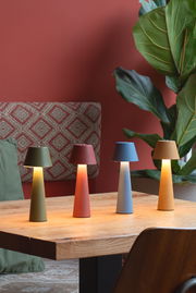 Vier bunte LED Akku Tischleuchten in verschiedenen Farben (Grün, Rot, Blau, Gelb) auf einem Holztisch, seitliche Perspektive.