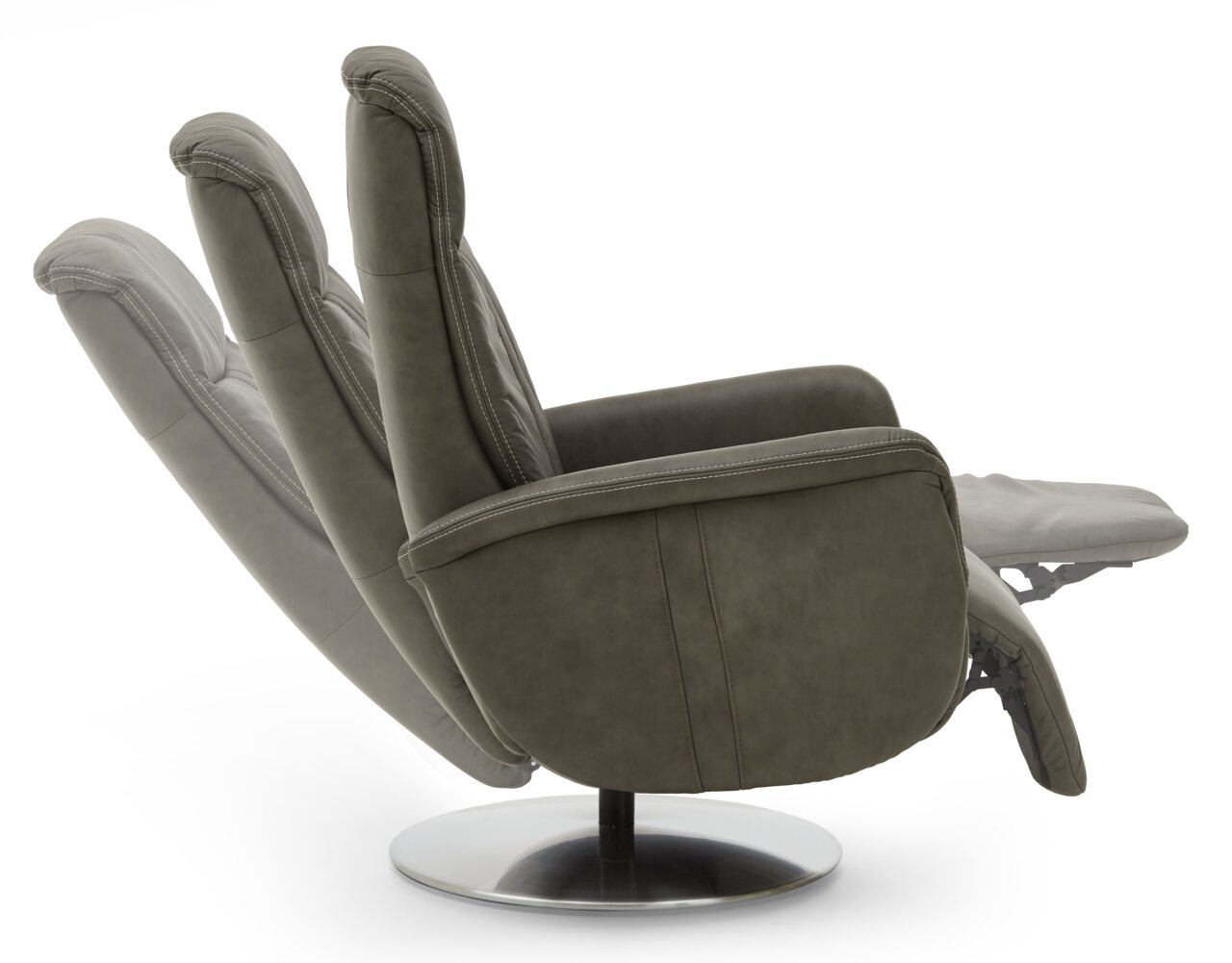 Zijaanzicht van een relaxfauteuil met verstelbare rugleuning en voetsteun op een ronde metalen voet.