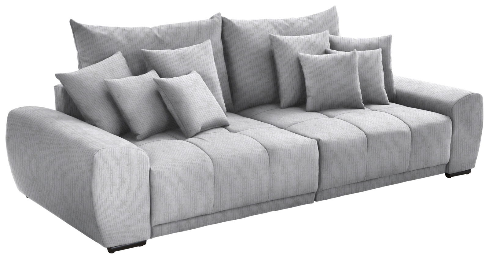 Großes, graues Big-Sofa mit mehreren Kissen, seitliche Perspektive