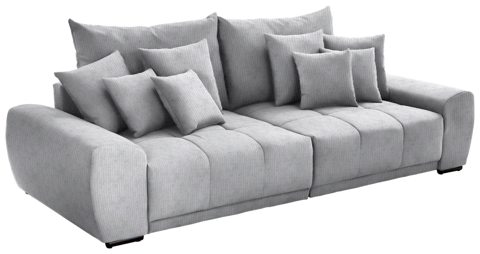 Großes, graues Big-Sofa mit mehreren Kissen, seitliche Perspektive