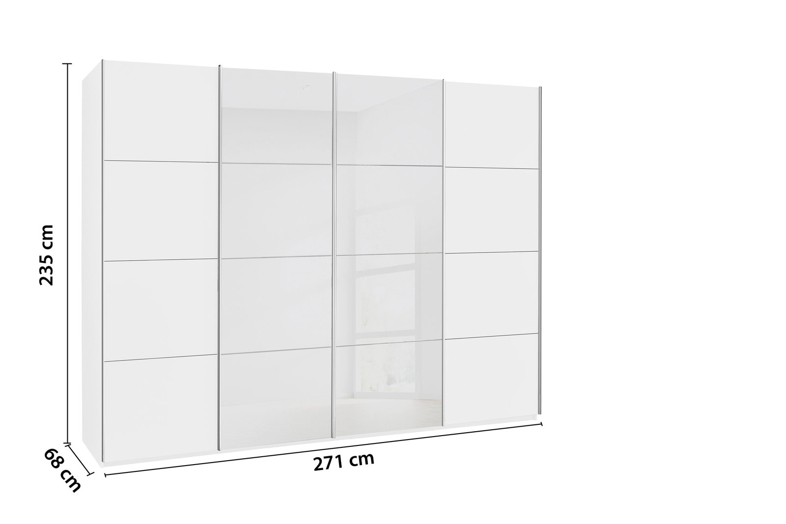 Weißer Synchron-Schwebetürenschrank mit den Maßen 235 cm Höhe, 271 cm Breite und 68 cm Tiefe, frontal abgebildet.