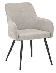 Grauer Armlehnstuhl mit schwarzem Metallgestell, seitliche Perspektive