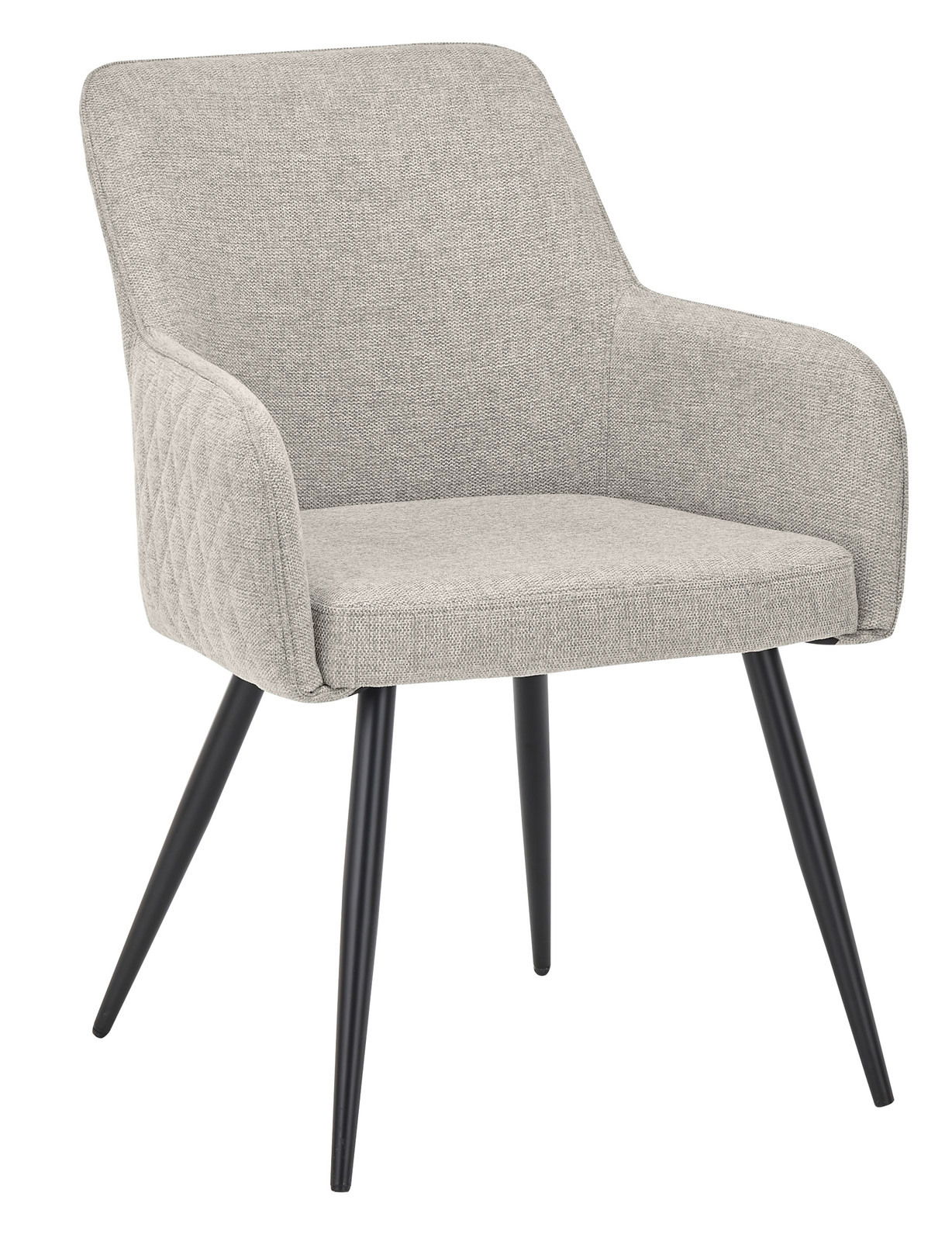Grauer Armlehnstuhl mit schwarzem Metallgestell, seitliche Perspektive