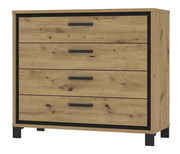 Kommode aus Holz mit vier Schubladen, schwarze Griffe und Beine, Frontalansicht