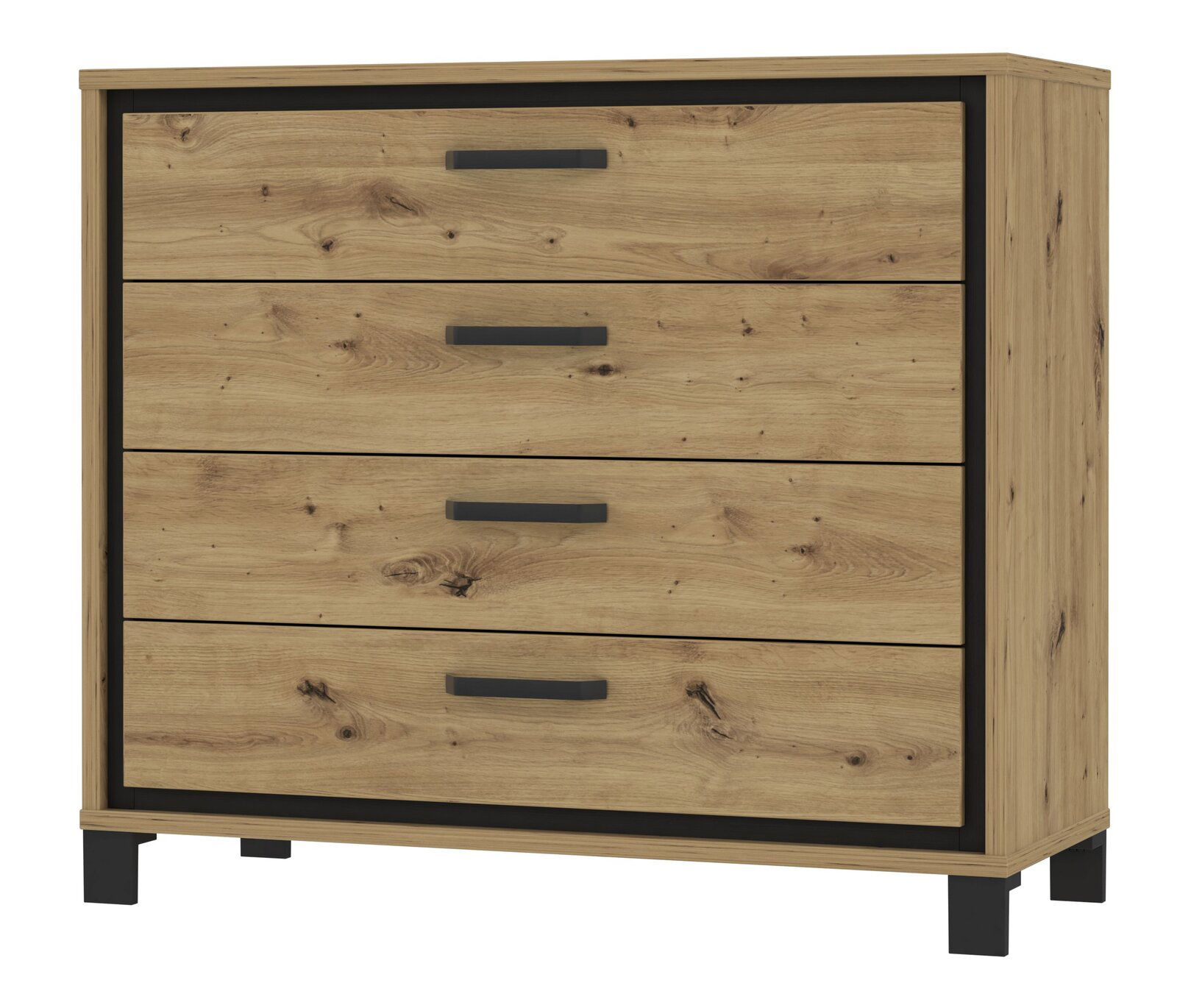 Kommode aus Holz mit vier Schubladen, schwarze Griffe und Beine, Frontalansicht