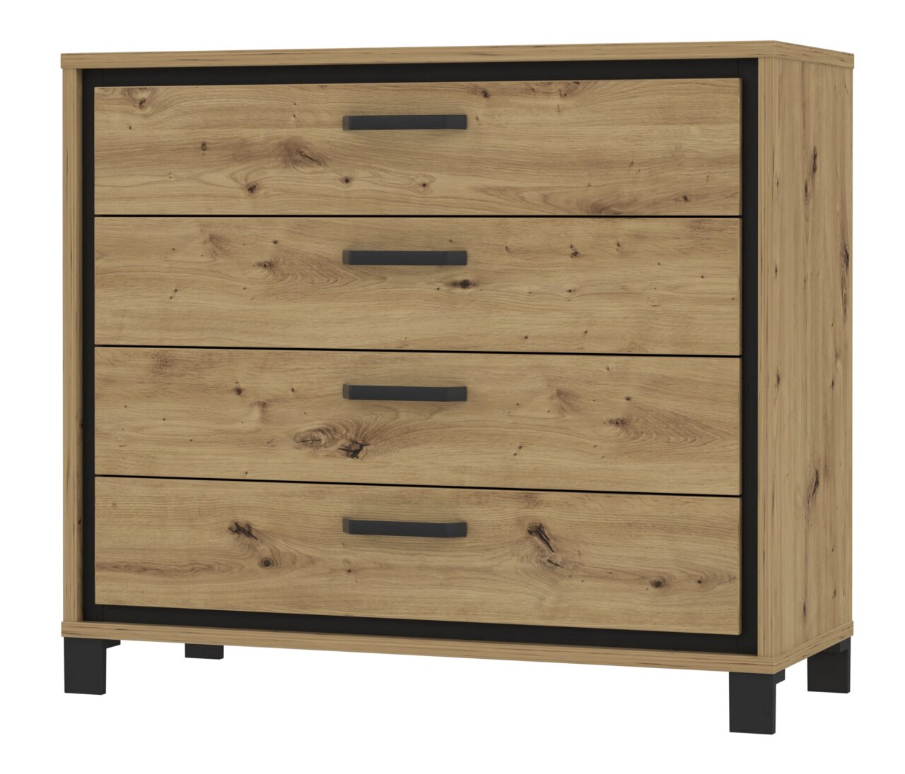 Kommode aus Holz mit vier Schubladen, schwarze Griffe und Beine, Frontalansicht
