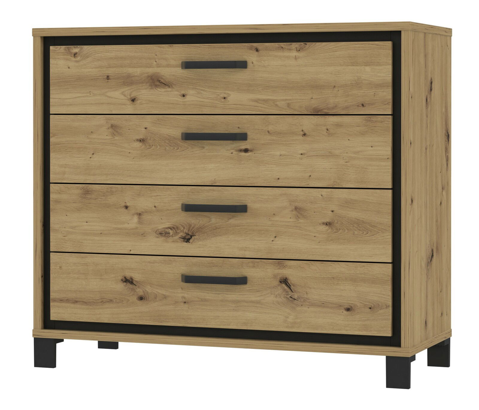 Kommode aus Holz mit vier Schubladen, schwarze Griffe und Beine, Frontalansicht