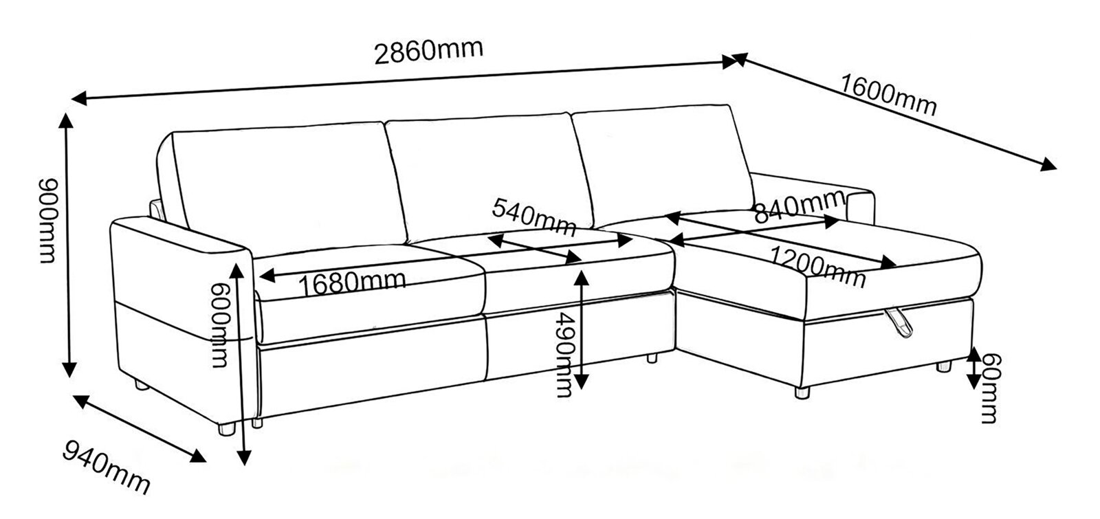 Technische Maßzeichnung eines L-förmigen Ecksofas mit Recamiere aus schräger Vorderansicht, Gesamtmaße 2860 × 1600 × 900 mm sowie weiteren Detailmaßen.