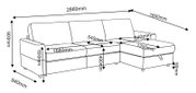 Technische Maßzeichnung eines L-förmigen Ecksofas mit Recamiere aus schräger Vorderansicht, Gesamtmaße 2860 × 1600 × 900 mm sowie weiteren Detailmaßen.