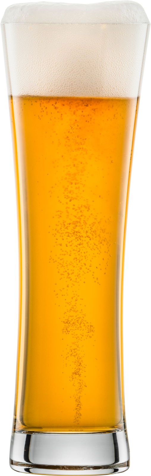 Weizenbierglas mit Schaumkrone, gefüllt mit sprudelndem Bier, Frontalansicht