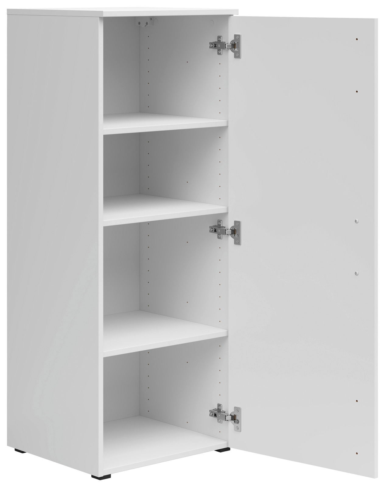 Weiße Kommode mit geöffneter Tür und drei Einlegeböden, seitliche Perspektive