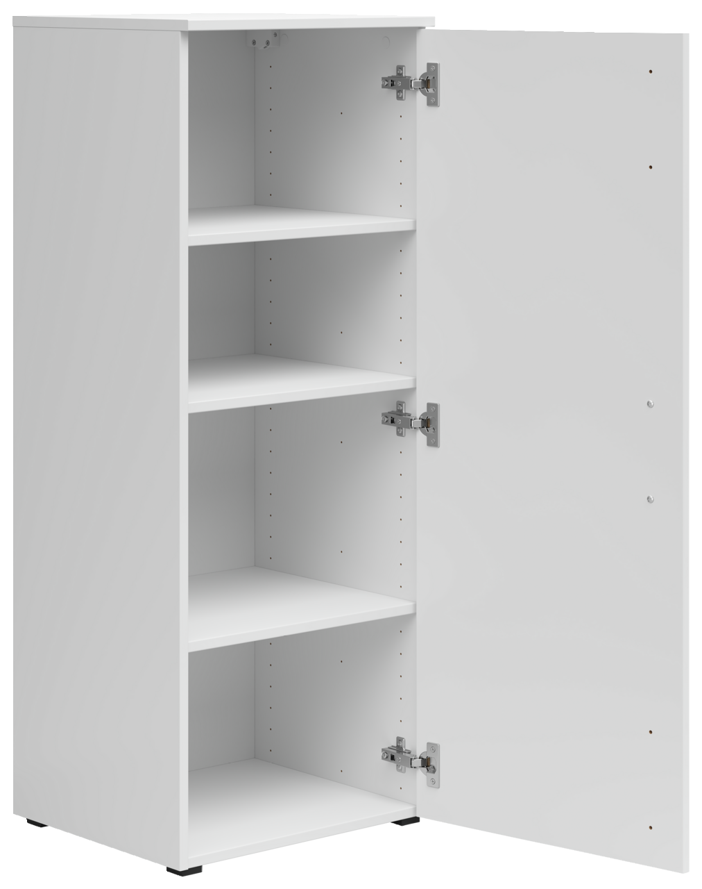 Weiße Kommode mit geöffneter Tür und drei Einlegeböden, seitliche Perspektive