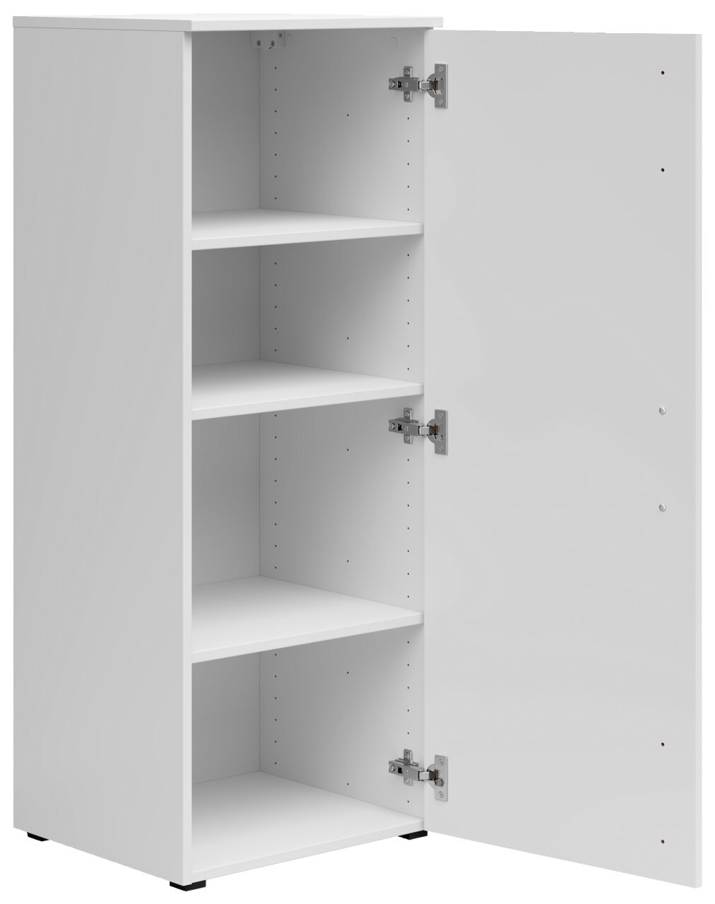 Weiße Kommode mit geöffneter Tür und drei Einlegeböden, seitliche Perspektive