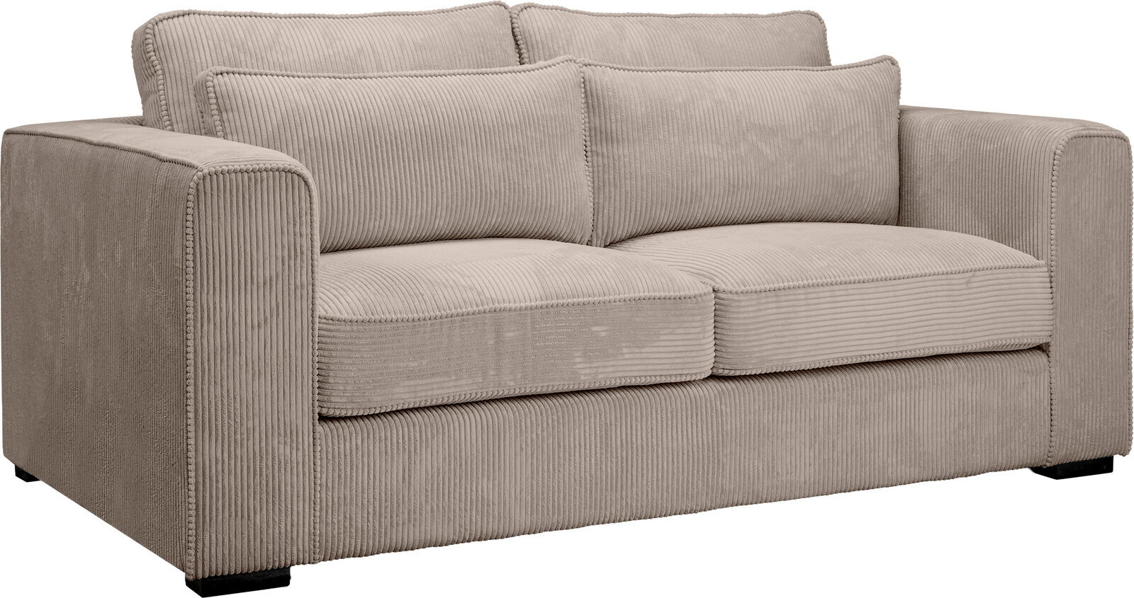 Beiges 2-Sitzer-Sofa mit Cordbezug, breiten Armlehnen und zwei großen Rückenkissen, freigestellt auf weißem Hintergrund, Ansicht schräg von vorne links.