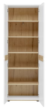 Offener Garderobenschrank mit fünf Holzregalböden, weiße Türen und Holzoptik-Innenraum, frontale Ansicht.