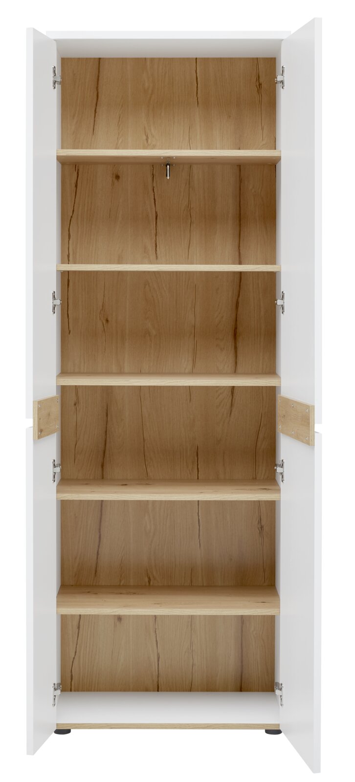 Open garderobekast met vijf houten planken, witte deuren en een interieur in houtlook, gezien van voren.