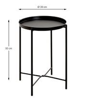 Runder schwarzer Beistelltisch aus Metall mit Tablettkante, Ø 39 cm und Höhe 50 cm, freigestellt auf weißem Hintergrund, in leichter Schrägansicht von vorne/oben.