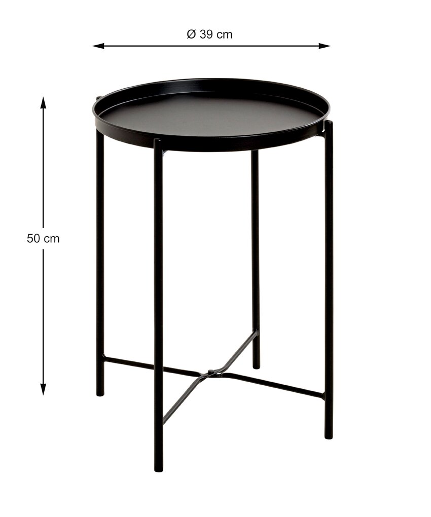 Runder schwarzer Beistelltisch aus Metall mit Tablettkante, Ø 39 cm und Höhe 50 cm, freigestellt auf weißem Hintergrund, in leichter Schrägansicht von vorne/oben.
