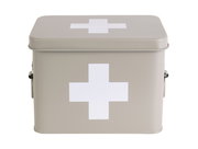 Graue Aufbewahrungsbox mit weißem Kreuz, frontal abgebildet