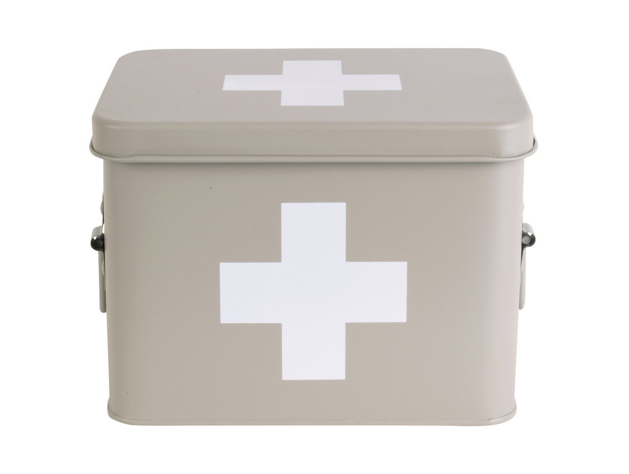 Graue Aufbewahrungsbox mit weißem Kreuz, frontal abgebildet