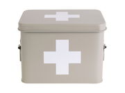 Graue Aufbewahrungsbox mit weißem Kreuz, frontal abgebildet