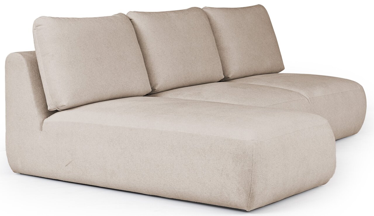 Beige Ecksofa mit drei Sitzplätzen, seitliche Perspektive