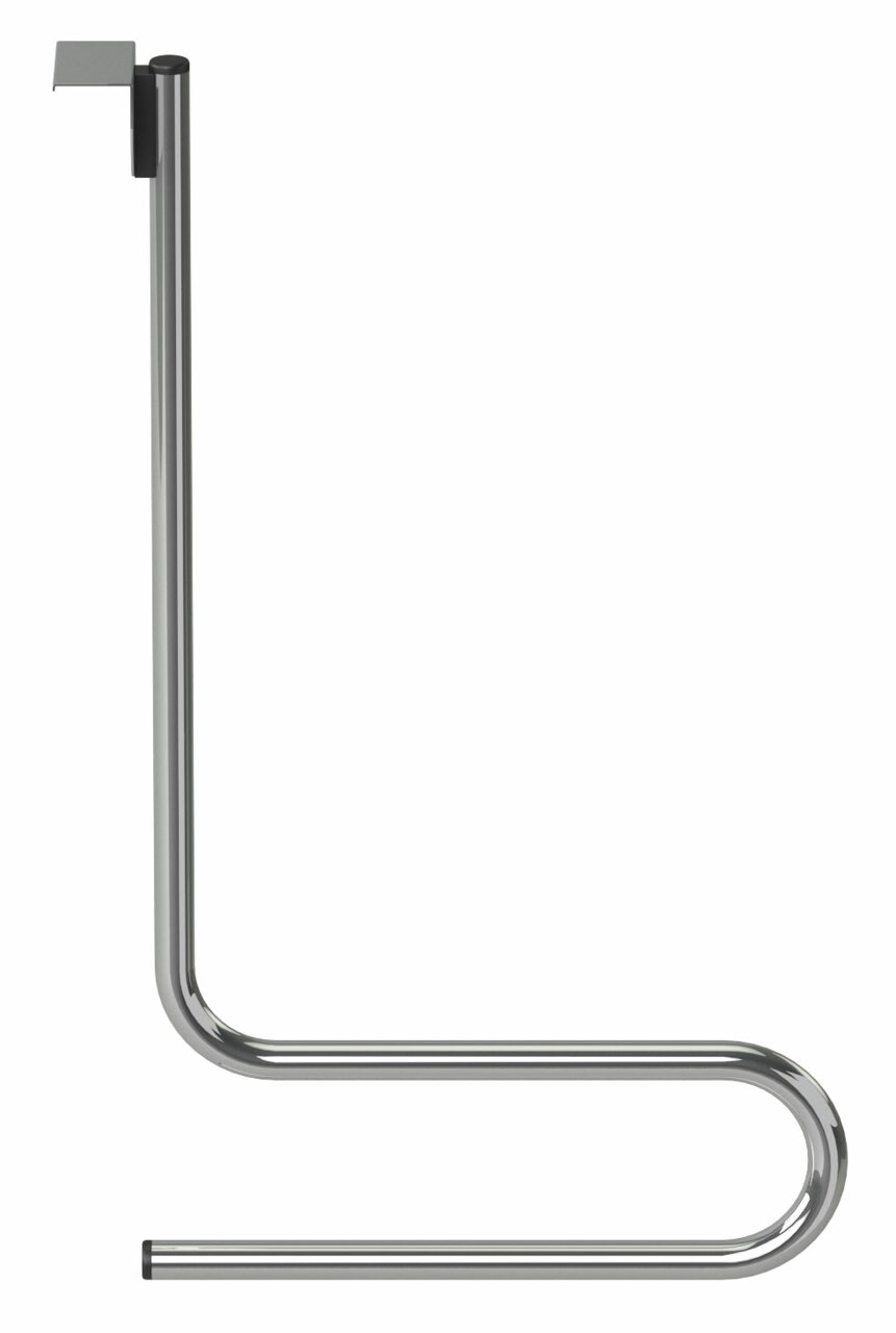 Metallischer Außen-Kleideraufhänger in seitlicher Perspektive mit Haken zur Befestigung.
