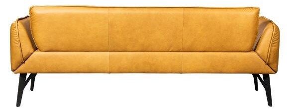 Senfgelbes Ledersofa mit schwarzem Metallgestell, frontale Ansicht auf weißem Hintergrund