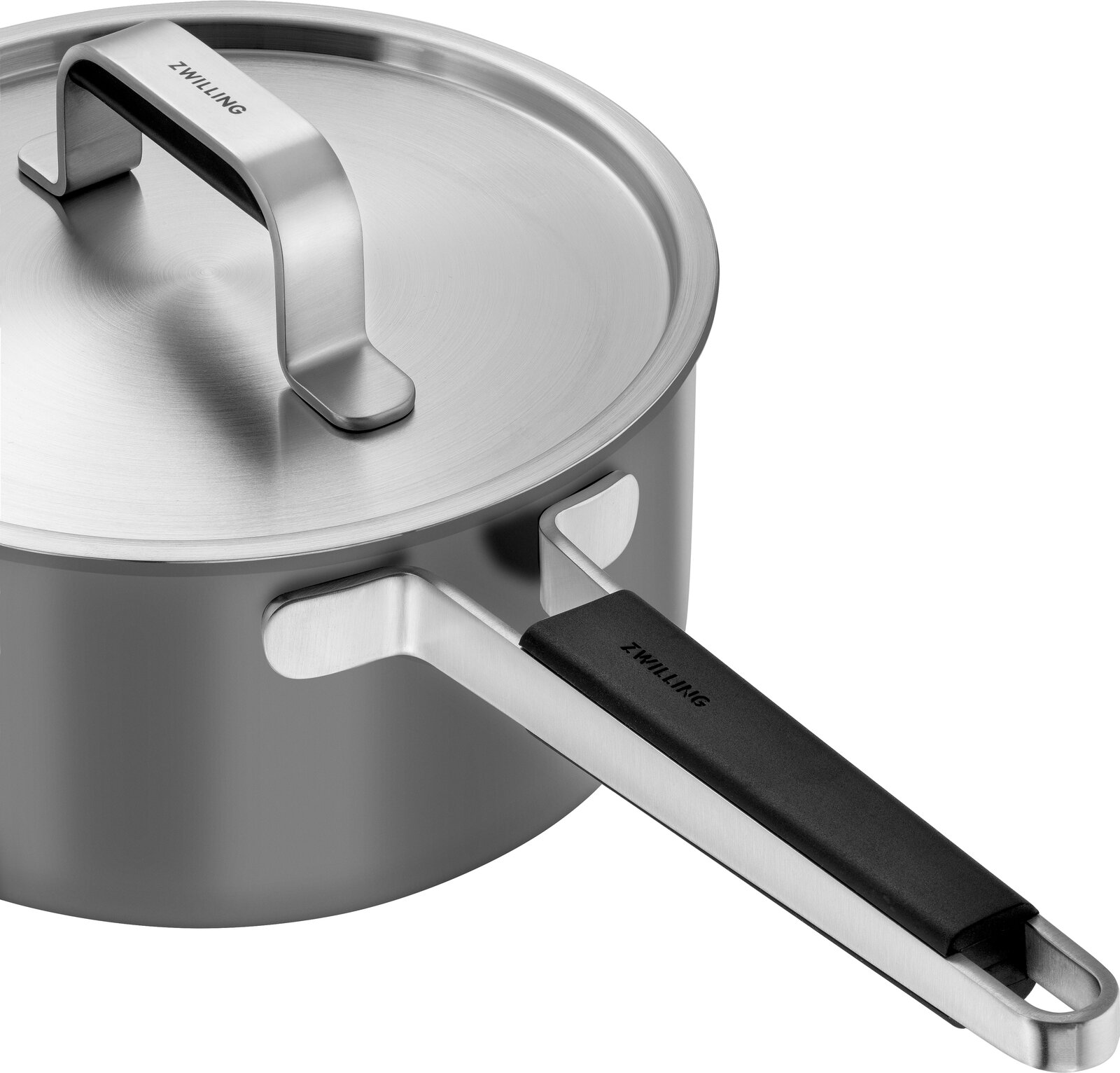 Topf aus Edelstahl mit Deckel und langem Griff, seitliche Perspektive